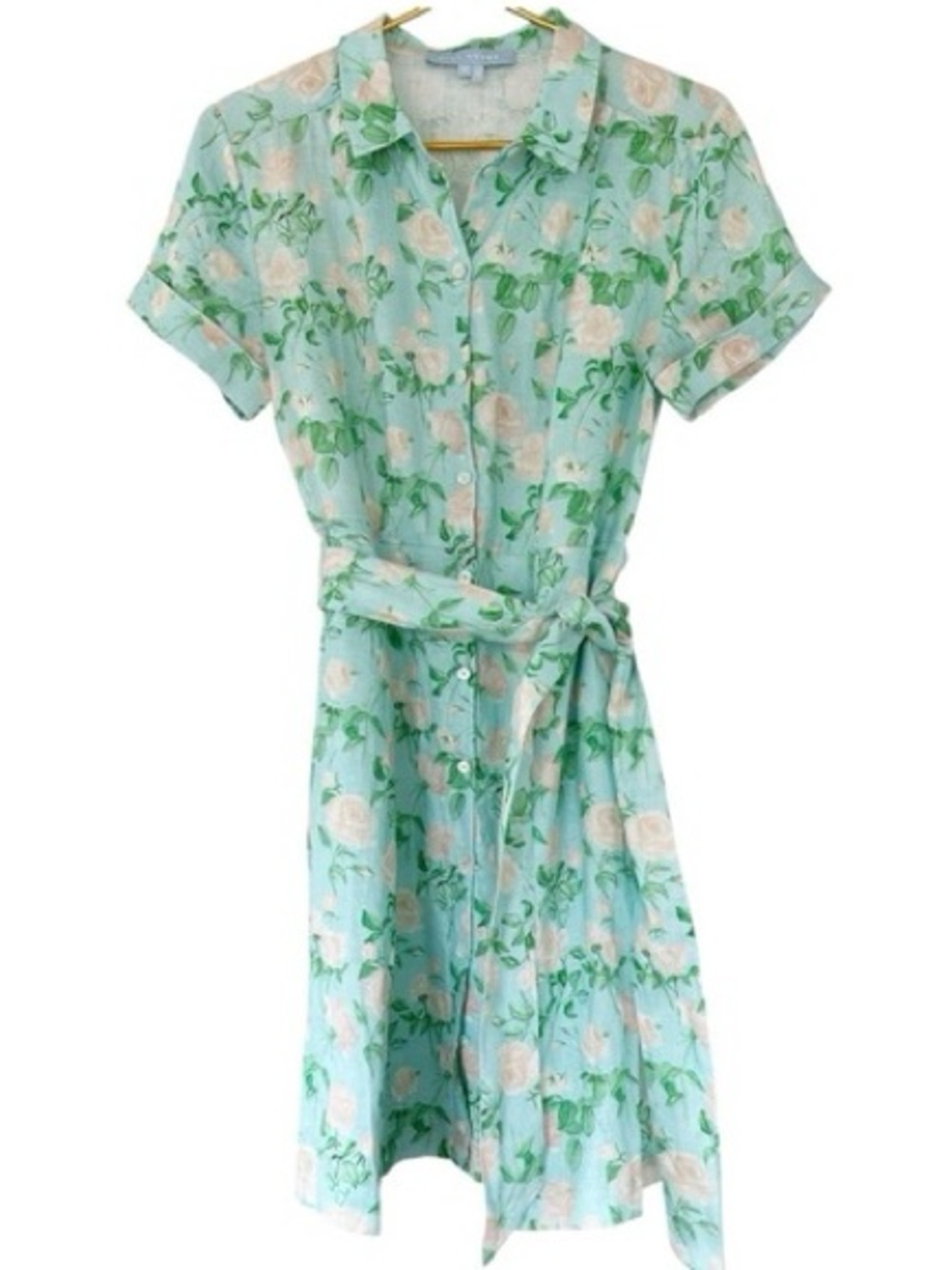 Hill House Floral Linen Shirt Dress in Mint & Blush size small 100% linen